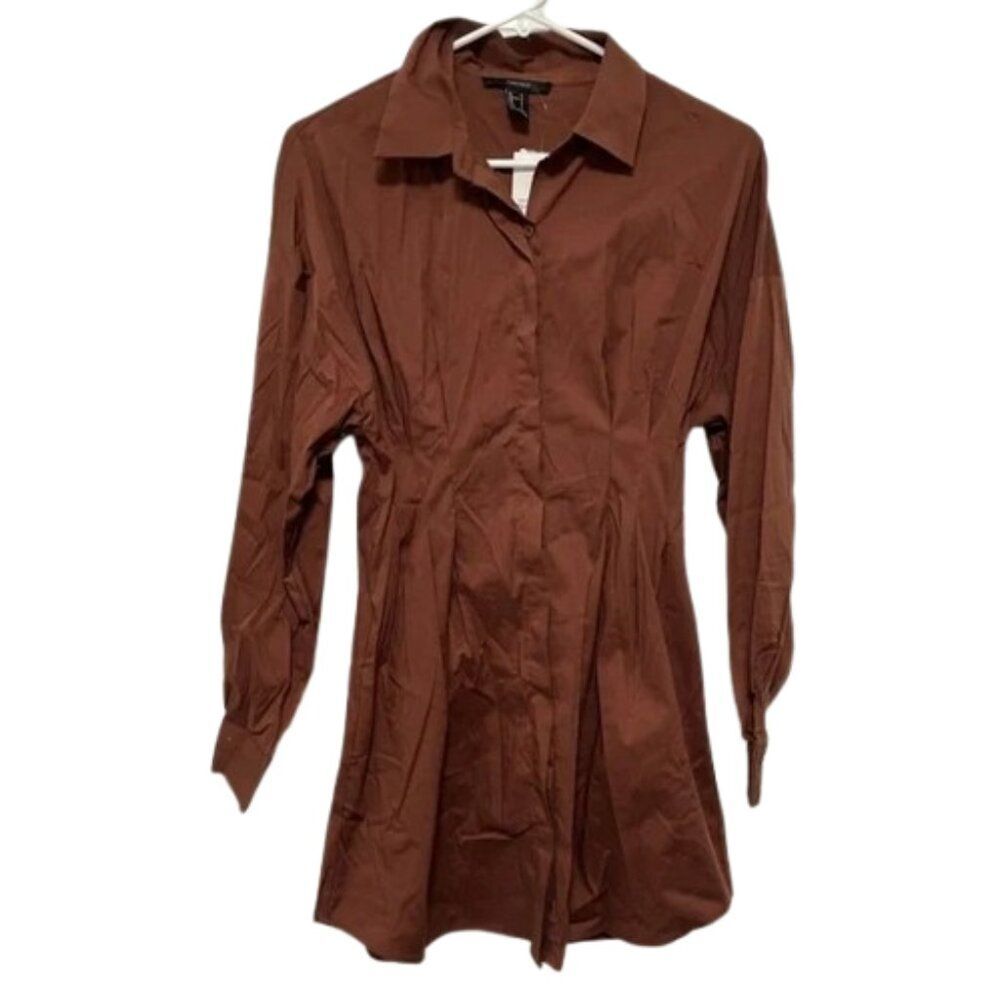 Forever 21 NWT Brown Woven Long Sleeve Button Down Mini Dress size SMALL